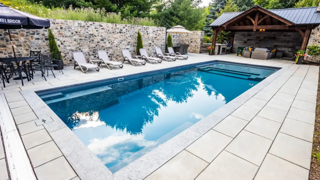 A rectangular swimming pool surrounded by gray stone tiles and lounge chairs, with a wooden gazebo in the background. Lush greenery and a stone wall enhance the outdoor setting.