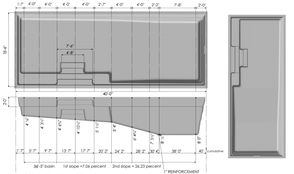 Blueprint design showing dimensions and slopes of a rectangular pool. The layout includes detailed measurements for depth and slope percentages, with annotations indicating basin size and reinforcement.