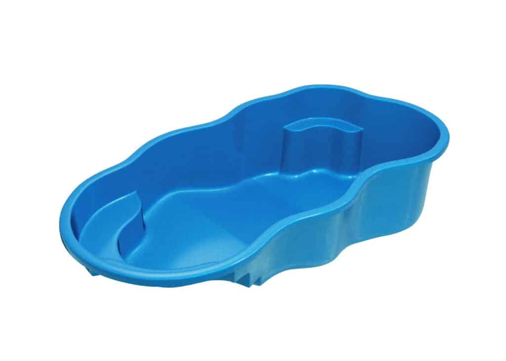 A blue plastic mold shaped like a puddle, featuring a small raised section in the center, designed for crafting or play.