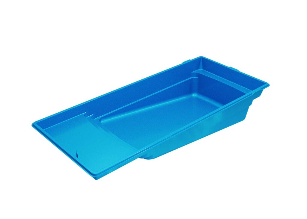 A blue plastic paint tray with a shallow side for holding paint and a deeper section for easy mixing.