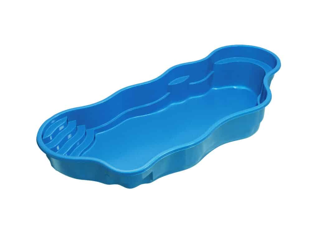 A blue plastic container shaped like a fish. The container features ridges on one side and a smooth bottom, designed for holding water or other materials.