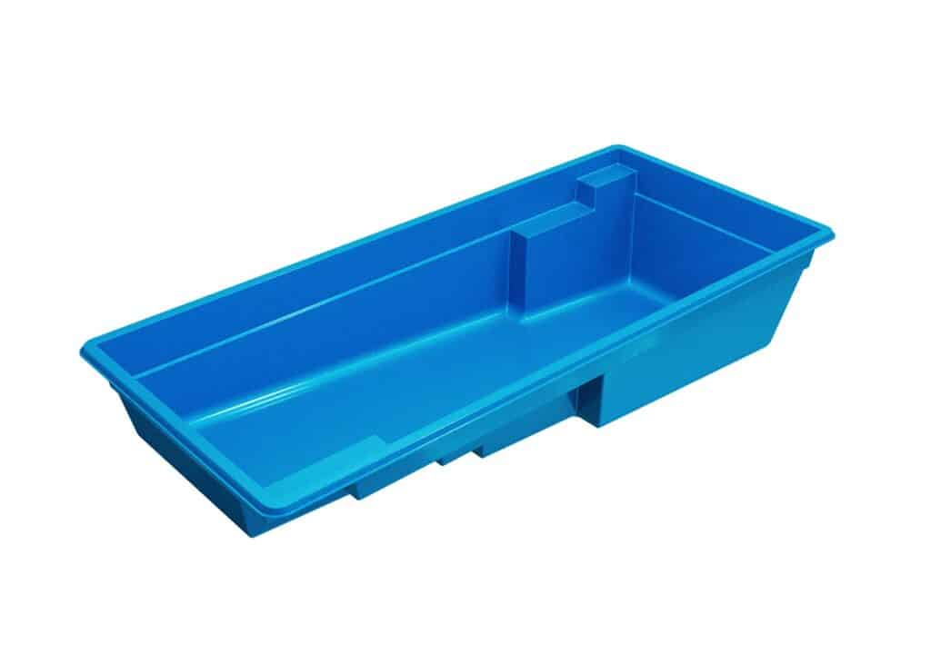 A blue plastic storage container with a rectangular shape and a raised section on one side, displayed on a white background.