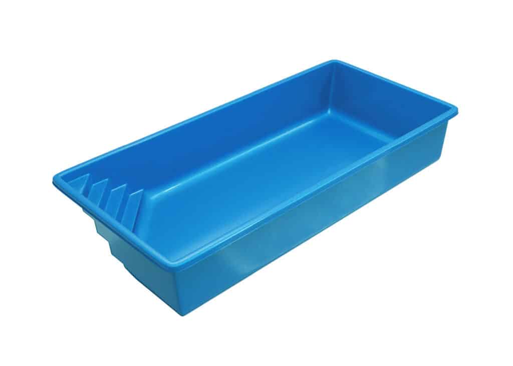 A blue rectangular paint tray with a textured section on one side designed for rolling paint. The tray is smooth and made of plastic, suitable for holding paint while working on projects.