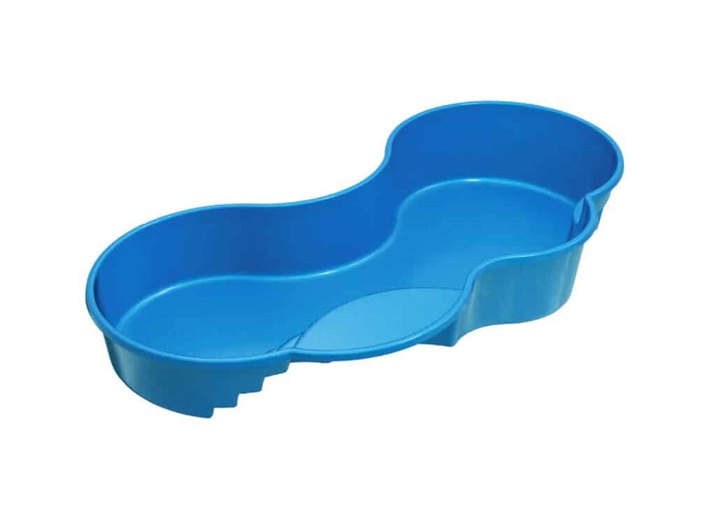 A blue plastic peanut-shaped pool or container, featuring two compartments and a smooth surface, placed on a white background.