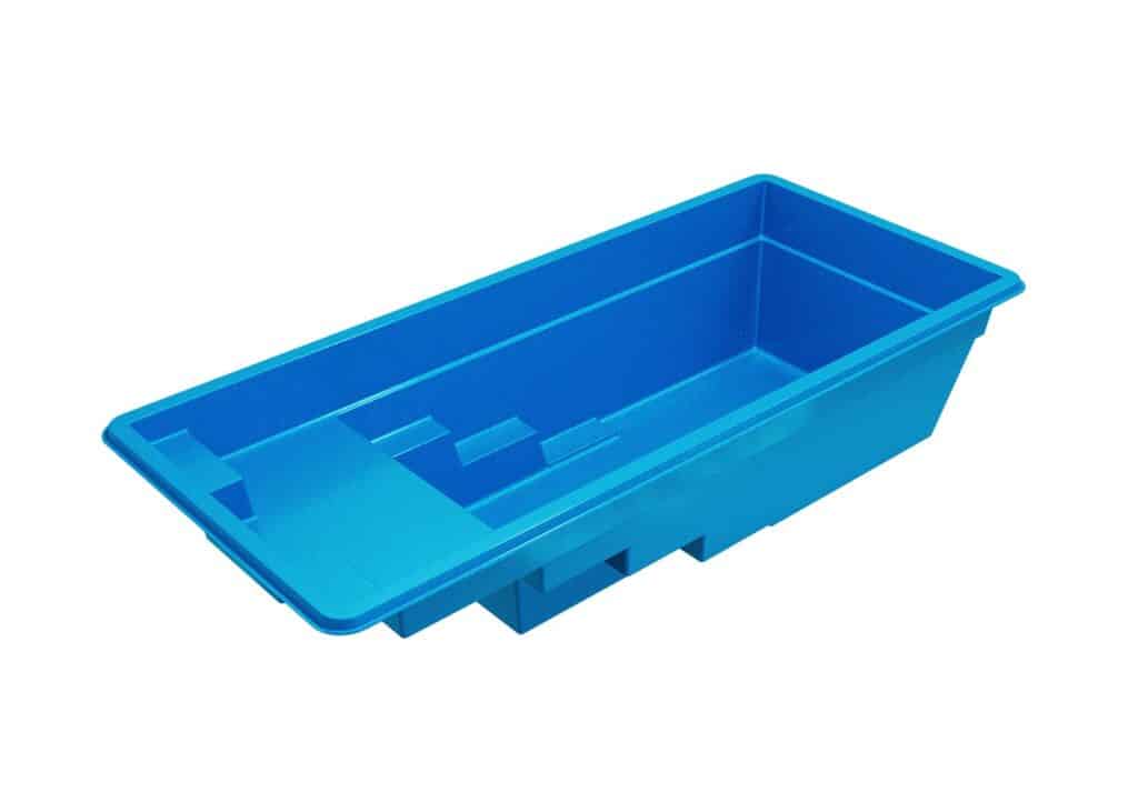 A blue rectangular plastic storage container with a flat base and raised edges, designed for organizing items. It features a section on one side, likely for easy handling or sorting.