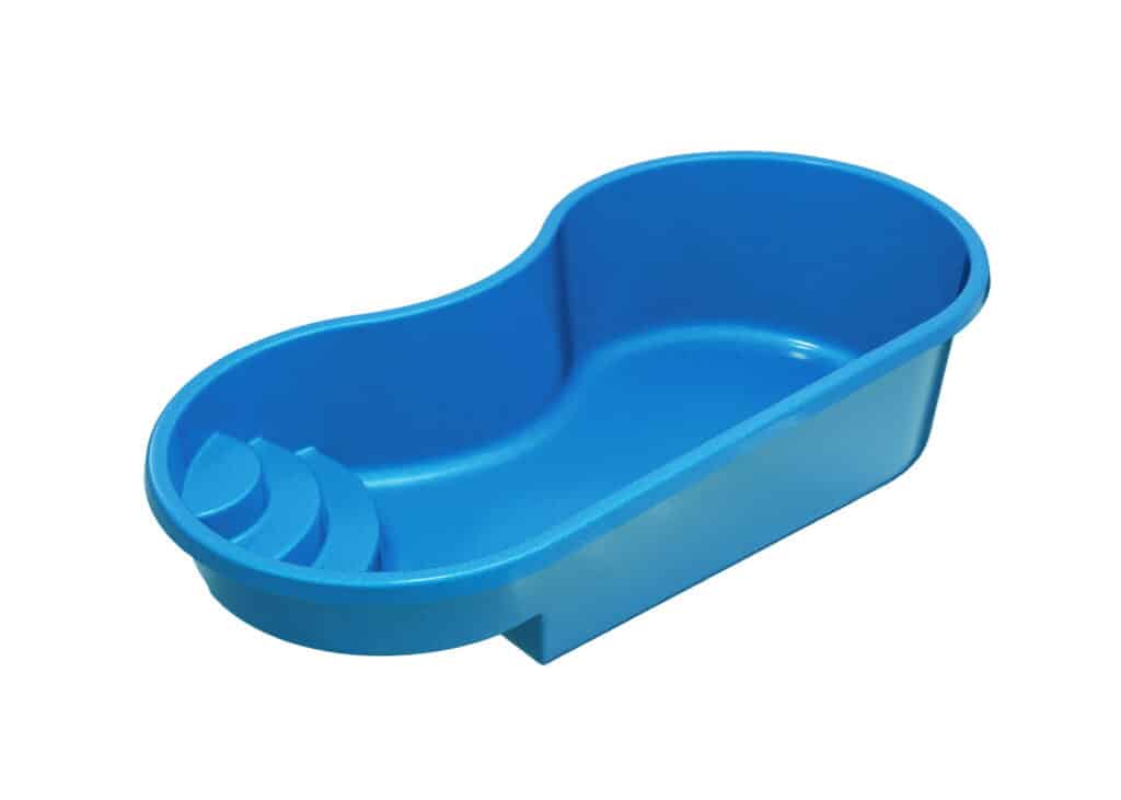 A blue plastic dish with a curved shape and a sectioned area featuring three raised ridges on one side. The dish is smooth and has a glossy finish.