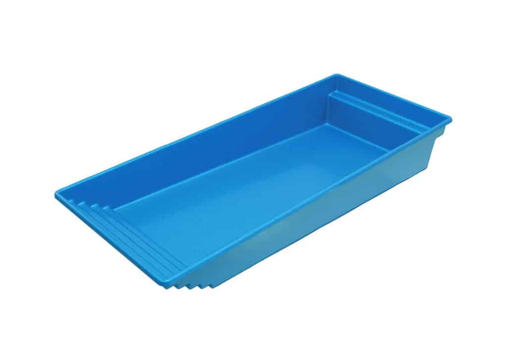 A blue plastic tray with a flat bottom and angled sides, designed for holding various items. The tray features ridged details on one side and is shown against a white background.