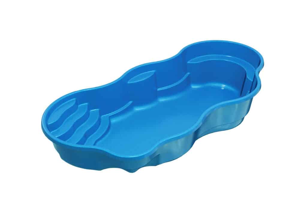 A blue plastic kiddie pool shaped like a car, featuring ridges on one side for seating or lounging, placed against a white background.