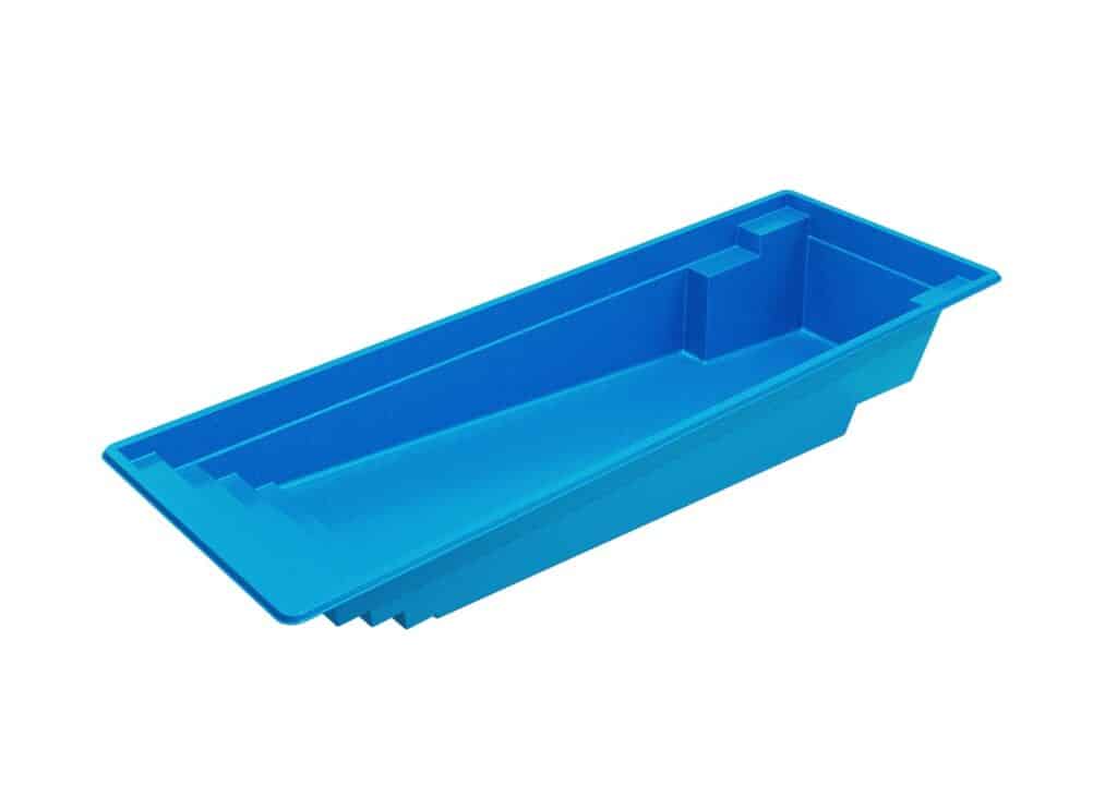 A blue plastic tray with an elongated shape and multiple steps along one side, designed for holding or organizing items.