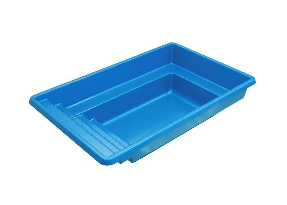 A blue plastic storage tray, featuring a rectangular shape with a slightly raised edge on one side and smooth interior surfaces.