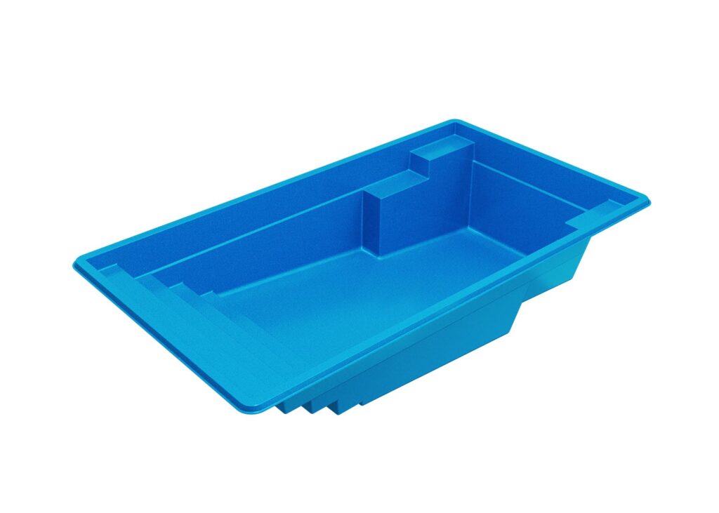 A blue plastic paint tray with a textured surface and a small raised section on one end, designed for holding paint during application.