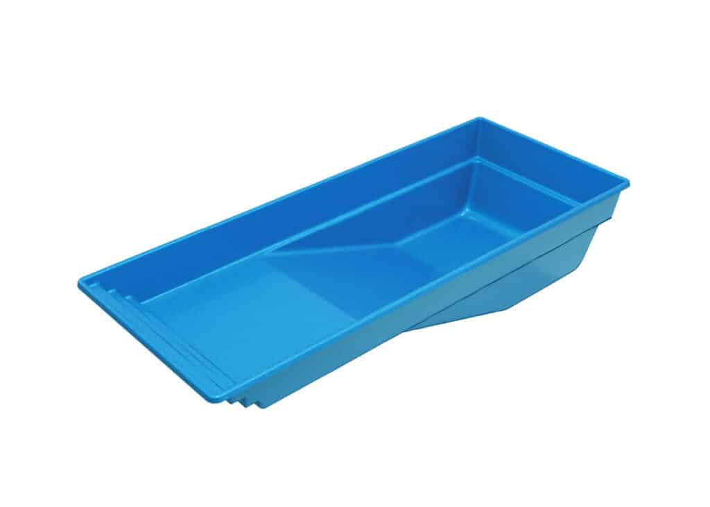 A light blue plastic paint tray with a sloped design, used for holding paint while working on projects. The tray has a flat area for easy access to the paint.
