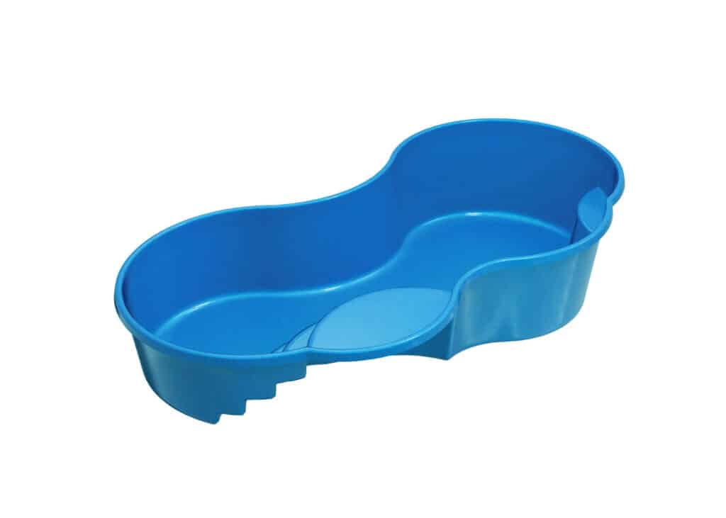 A blue plastic container shaped like a peanut, featuring two separate compartments.