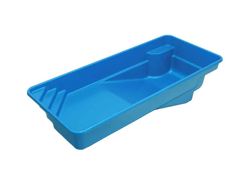 A blue paint roller tray with a raised section for excess paint and a handle for easy carrying, placed on a white background.