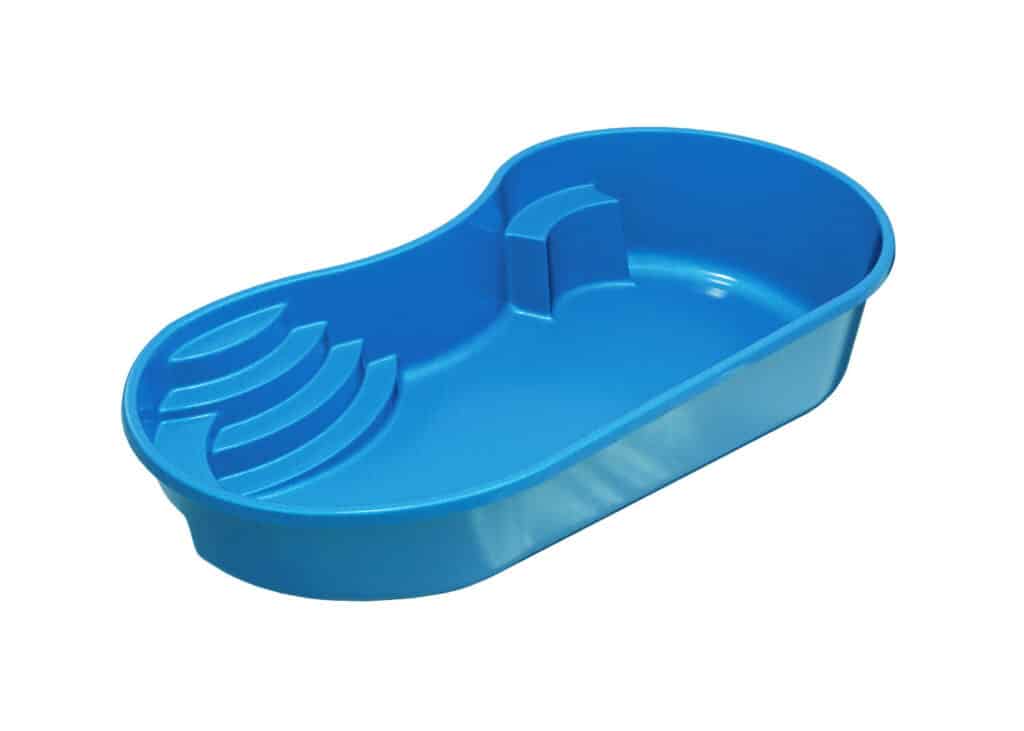 A blue plastic container shaped like a peanut, featuring a shallow section with ridged lines and a raised middle divider.