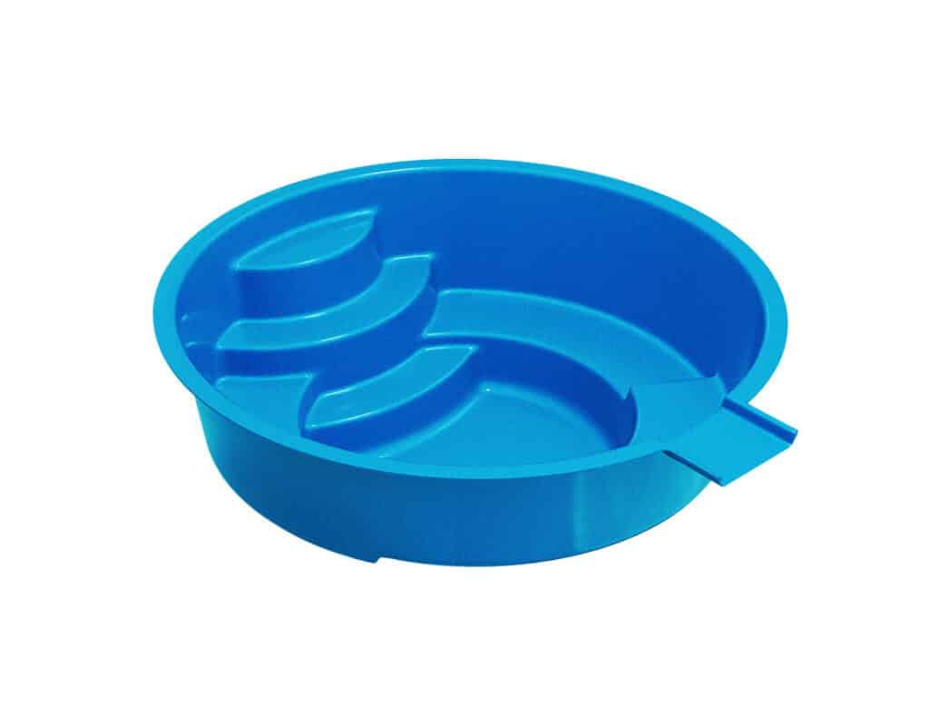 A blue plastic serving bowl with divided sections and a small handle on one side, designed for organizing different foods.