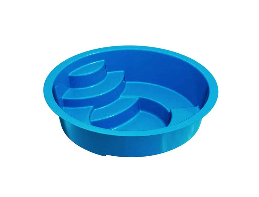 A blue plastic serving platter with multiple sections for food, featuring a circular design and three stepped compartments.
