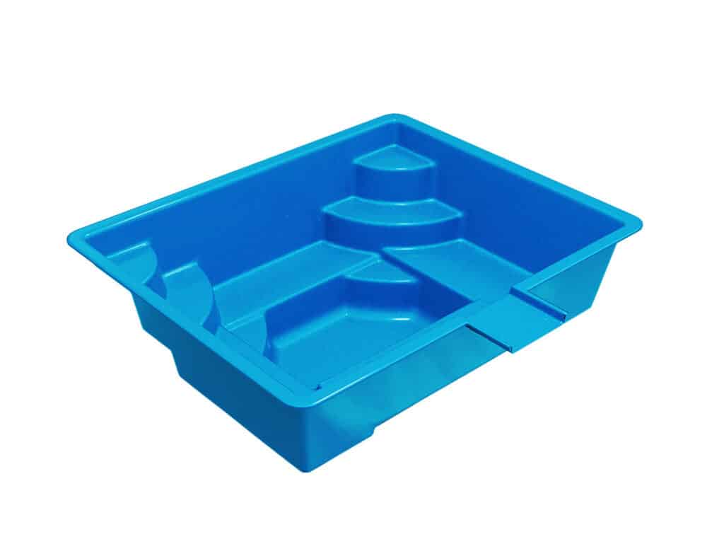 A blue plastic tray with various compartments, designed for organizing items. The tray features raised areas and a flat base.