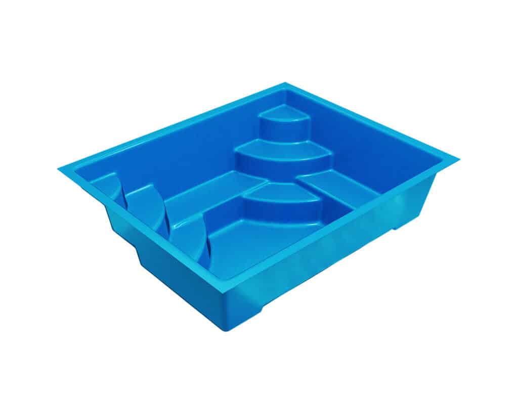 A blue plastic tray with various compartments, including rounded and rectangular sections, designed for organizing small items or tools.